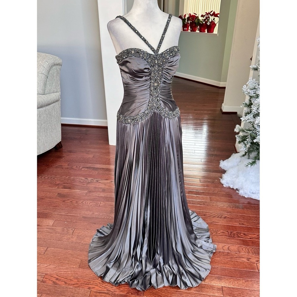 Vintage 2000s Atehier Alyce Grey Pleated Embellished Luxury Gown Dress Size 2 - Picture 5 of 12